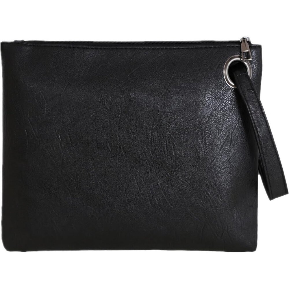 Women's Black Pu Leather Zipper Trendy Designer Wristlet Wedding Elegant Clutch